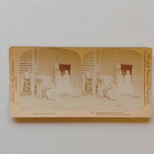 ANTIQUE STEREOGRAPH CARD Farm Scenes "Waiting for pure fresh milk" 1889